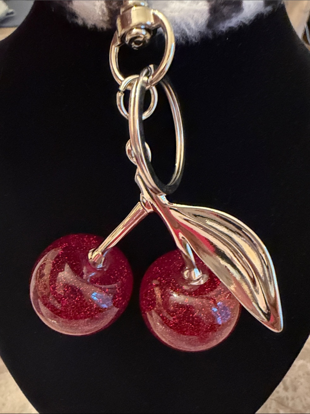 Silver Cherry Drop Keychain Pendant - Red Glitter Cherries
